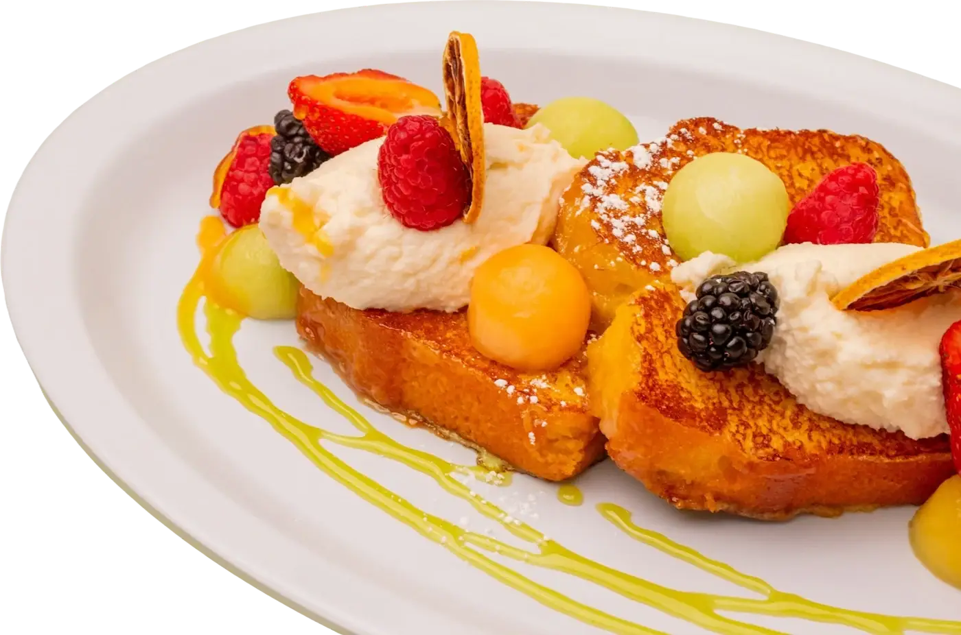 Golden French toast with fresh fruit, brunch at Kali Cafe