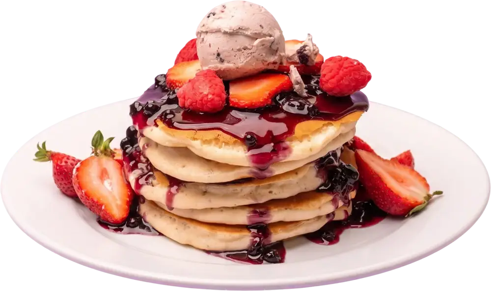 Stack of pancakes with berries, brunch at Kali Cafe Bloomington
